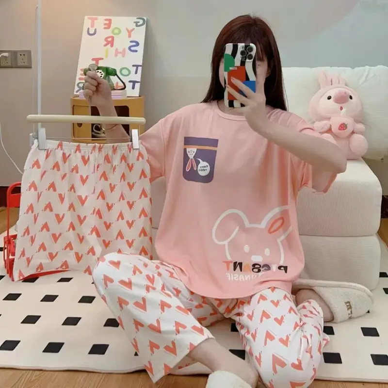 Set Piyama 3 in 1 Wanita Dewasa - Baju Tidur Lengan Pendek + 2 Pcs Celana Tidur Panjang Pendek Fit 7
