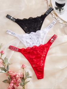 Set de Tangas de Encaje Sexy para Mujer, Diseño de Letras con Diamantes de Imitación, Suaves y Transpirables, Múltiples Colores y Tallas S-L, Uso Diario y Deportivo