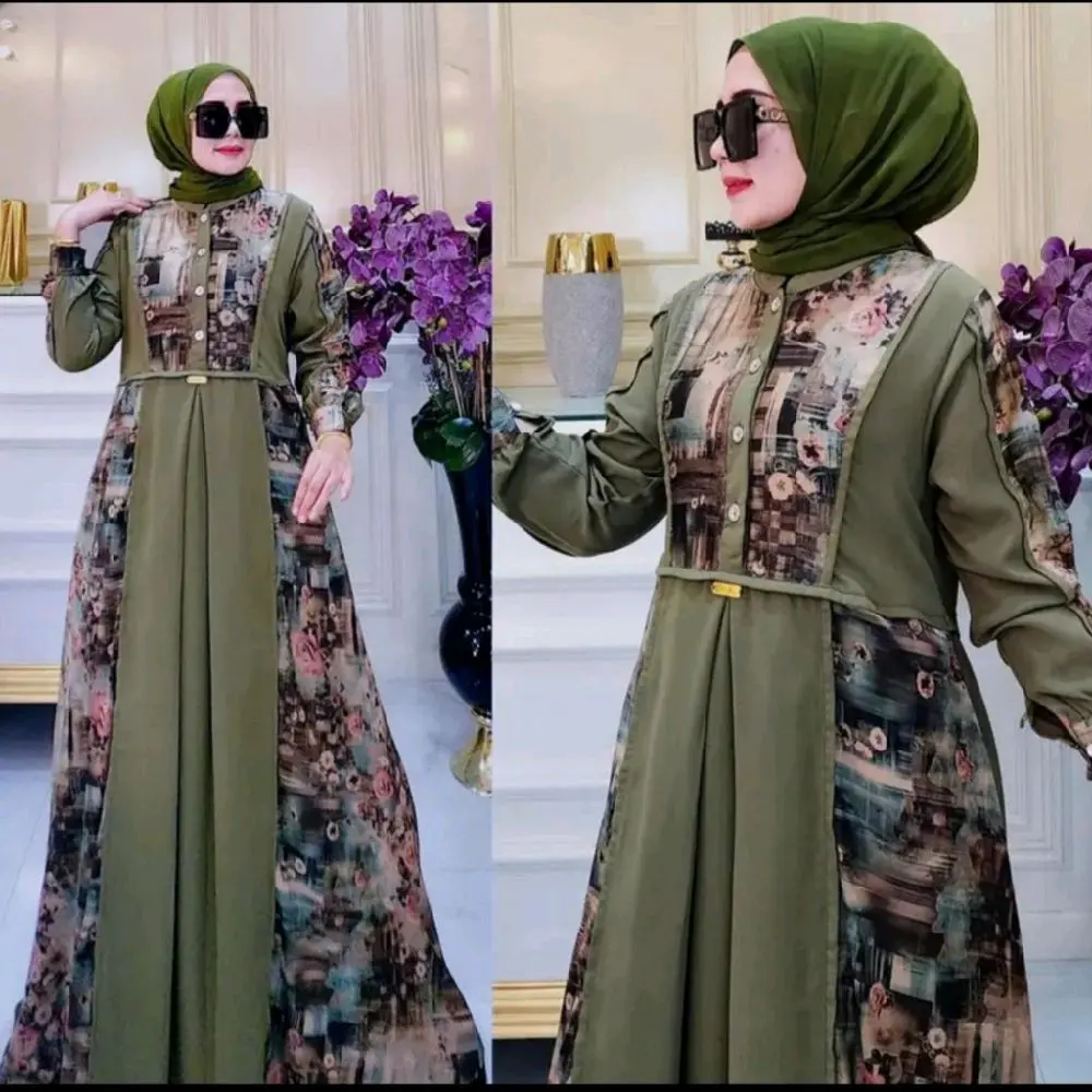 Taliya dress gamis crinkle kombinasi motif bunga etnik abstrak/gamis wanita dewasa busui/gamis terbaru model kekinian rekomendasi baju lebaran Menyusui melayu 2025 swaroxy vina dres marun