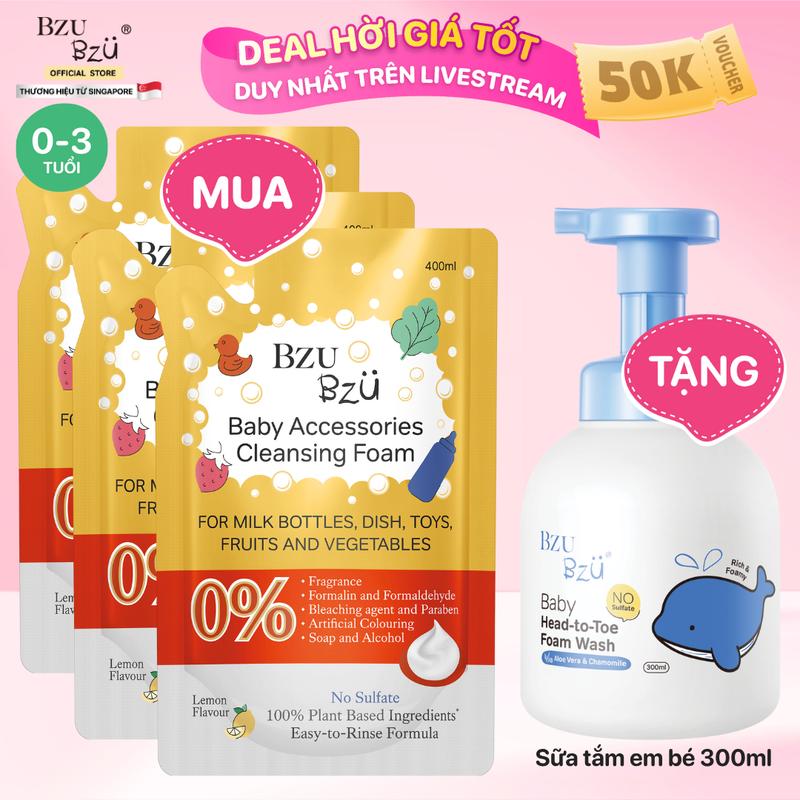 Combo 3 Túi Nước Rửa Bình Sữa, Đồ Dùng Em Bé BZU BZU Baby Accessories Cleansing Foam Tạo Bọt 400mlx3 Cho Bé