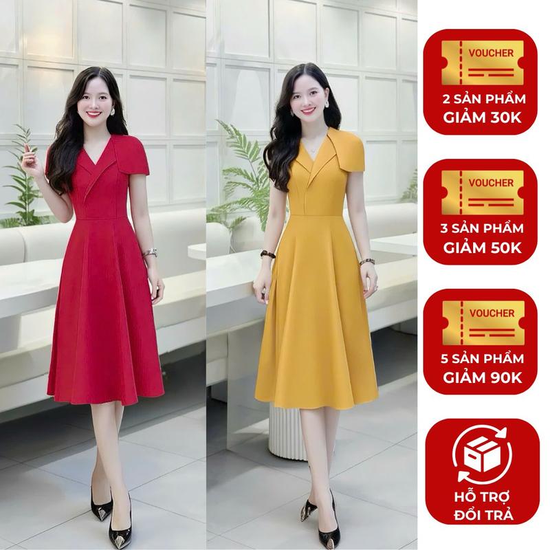 Đầm váy dự tiệc nữ thiết kế Nhật Vy cổ V tay kiểu chất lụa form dáng xoè công sở đơn giản màu đỏ vàng hồng đen - D3226