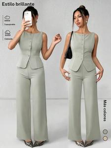 Conjunto casual de dos piezas para mujer: top sin mangas y pantalón largo, ajuste entallado, ideal para primavera y otoño, ropa de oficina de alta calidad