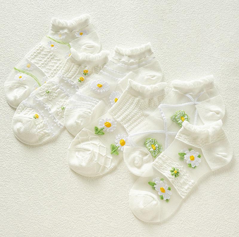 Product Introduction of Tất Lụa Pha Lê Mùa Hè, 5 Đôi, Siêu Mỏng, Trong Suốt, Tất Ngắn Ren Cho Bé Gái, Thời Trang, Hoa Cúc Tươi, Tất Thuyền Vô Hình 19