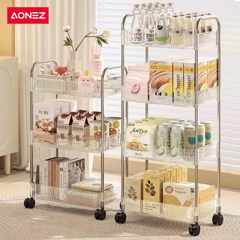 【SPESIAL KOL COD 24 Shipping】AONEZ Rak Troli Susun Stainless steel RakKosmetik Serbaguna Rak kamar mandi Rak Salon Trolley Dengan Keranjang jaring akrilik transpara
