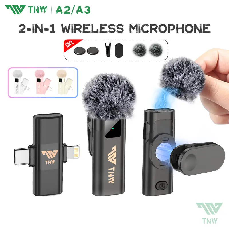 TNW A2/A3 Dual Wireless Lavalier Microphone 2-in-1 Receiver Noise Canceling Lapel Mic For IOS Type-C Interview Video