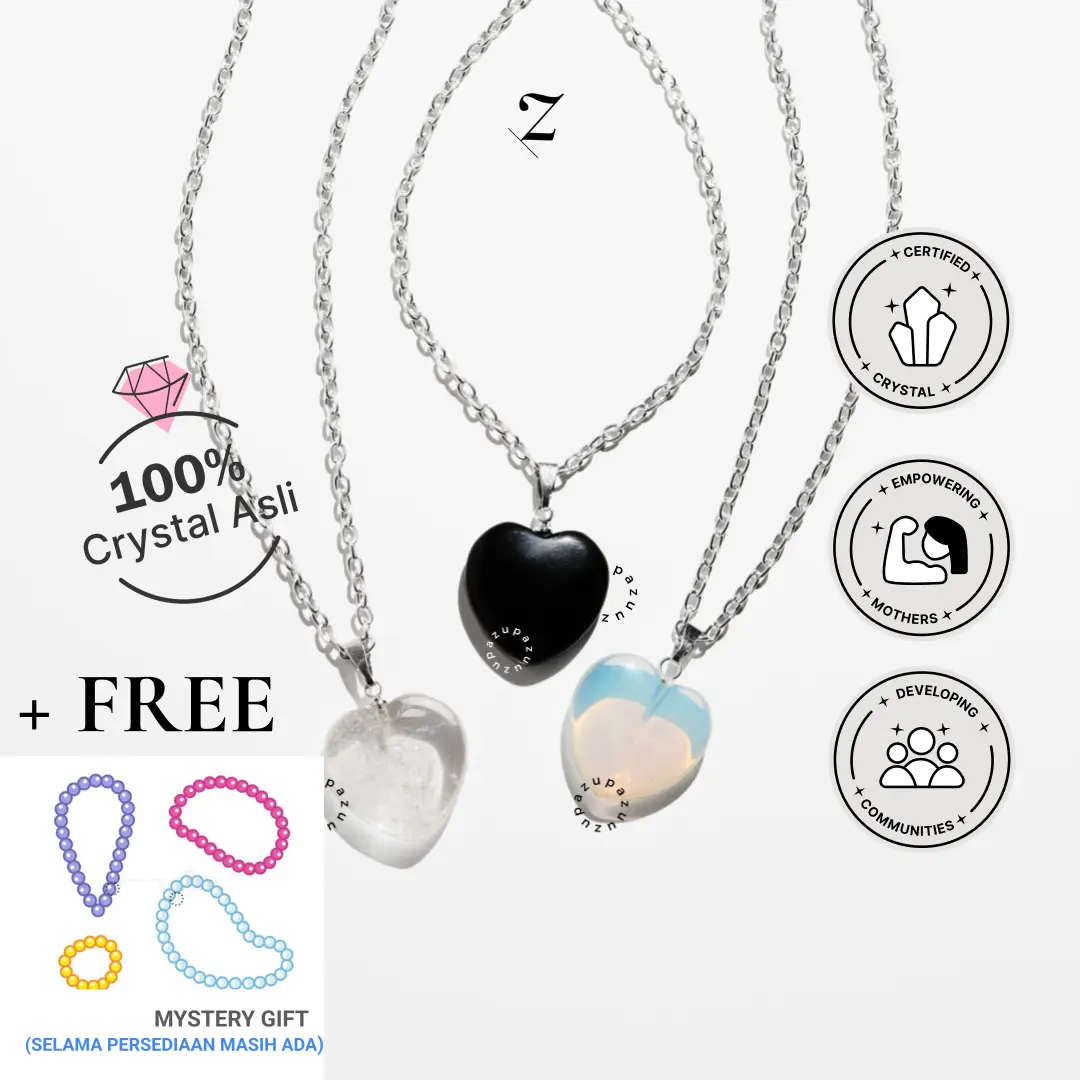 Zupazupazuu Medium Love Crystal Hematite - Kalung Liontin Hati 1,5cm Silver Chain 40 60cm Wanita  [Free Gift Kristal Gelang/Kalung/Cincin Random]
