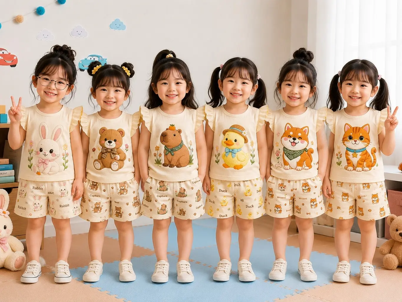 Setelan Anak Perempuan Motif Hewan Kartun  3D Lengan Pendek Dan Celana Pendek