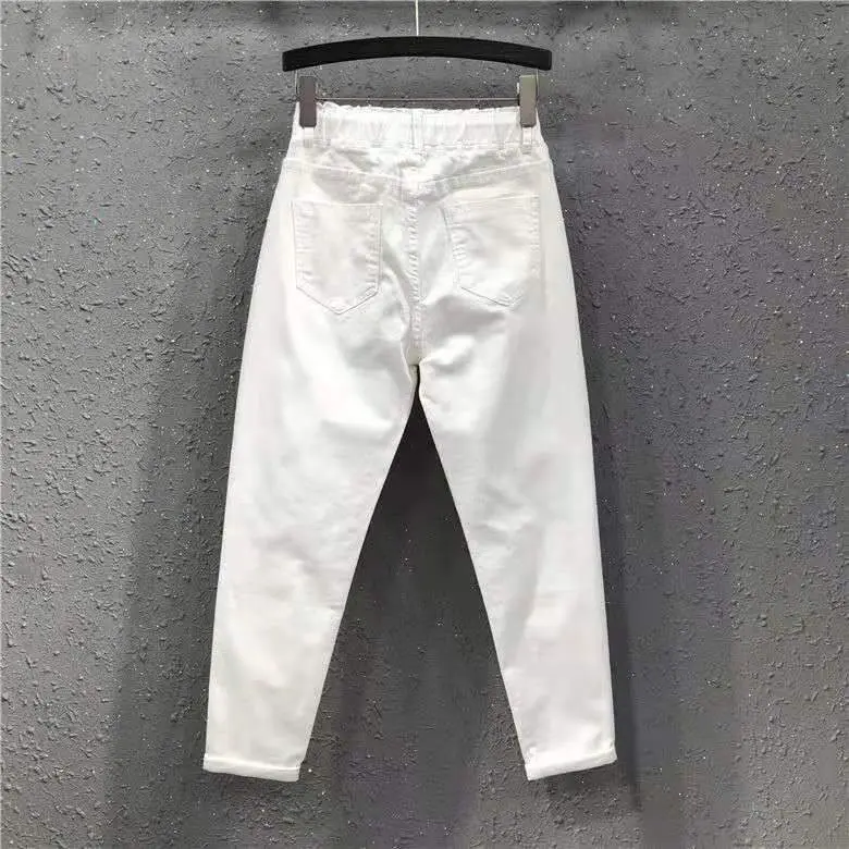 Women's Lace-up Denim Casual Harem Pants Cropped Pants Loose  White Jeans