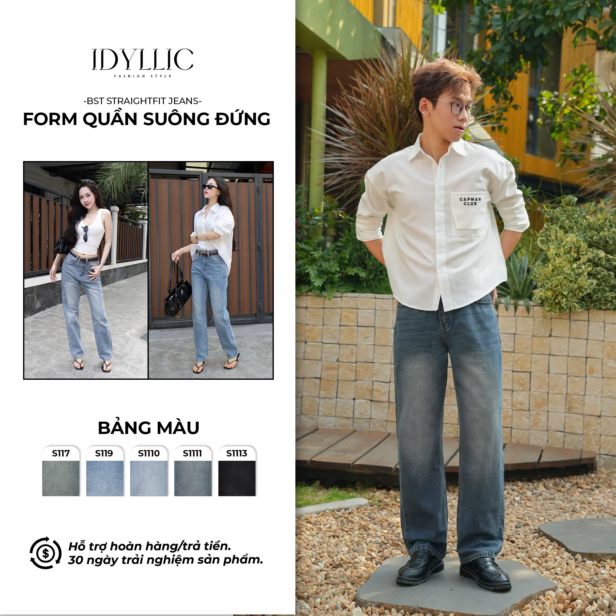 [IDYLLIC - BST Straight Fit] Quần Jean Nam Nữ Ống Suông Đứng S117, S119, S1110, S1111, S1113 Form Suông Vải Rin Cotton Dày Dặn Menswear Cotton Pants Có Túi