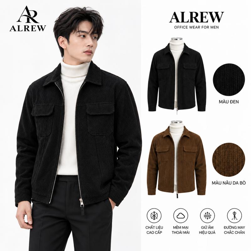 ALREW Áo Khoác Nam Nhung Gân Dày Dặn, Áo Khoác Nhung Tăm Cổ Bẻ Khóa Kéo, Form Đứng Lịch Lãm