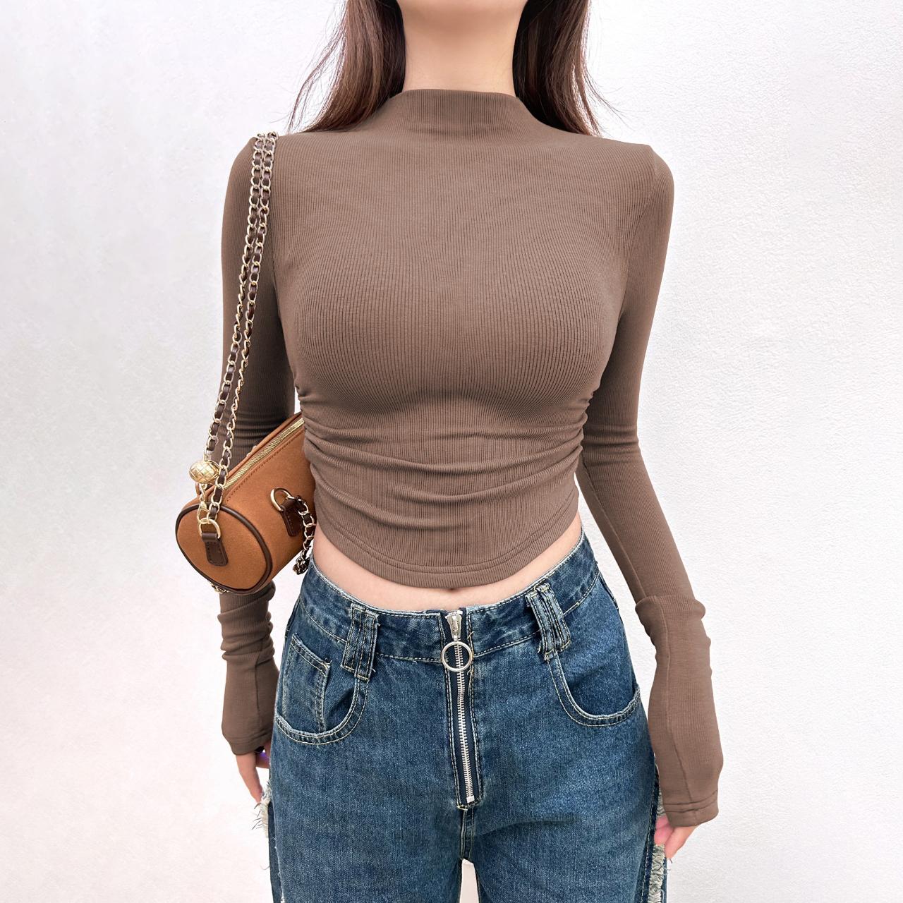 [Premium] Atasan wanita dasar dengan kerah setengah tinggi dan lengan panjang/Kaos wanita lengan panjang yang memperlihatkan pusar