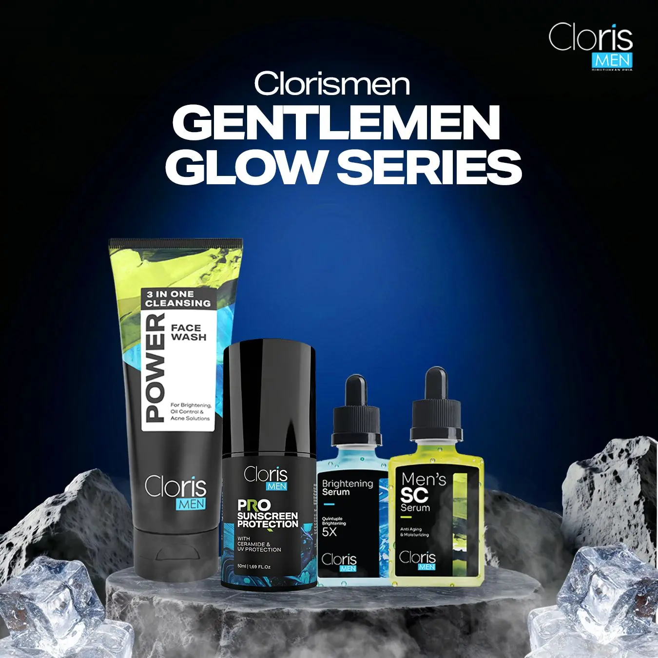 Clorismen Gentleman’s Series – Paket Skincare Pria Lengkap | Mencerahkan wajah, hilangkan bintik gelap, atasi jerawat & kerutan | Isi 3pcs (Face Wash 3in1, Brightening Serum, SC Serum/Sunscreen SPF50)