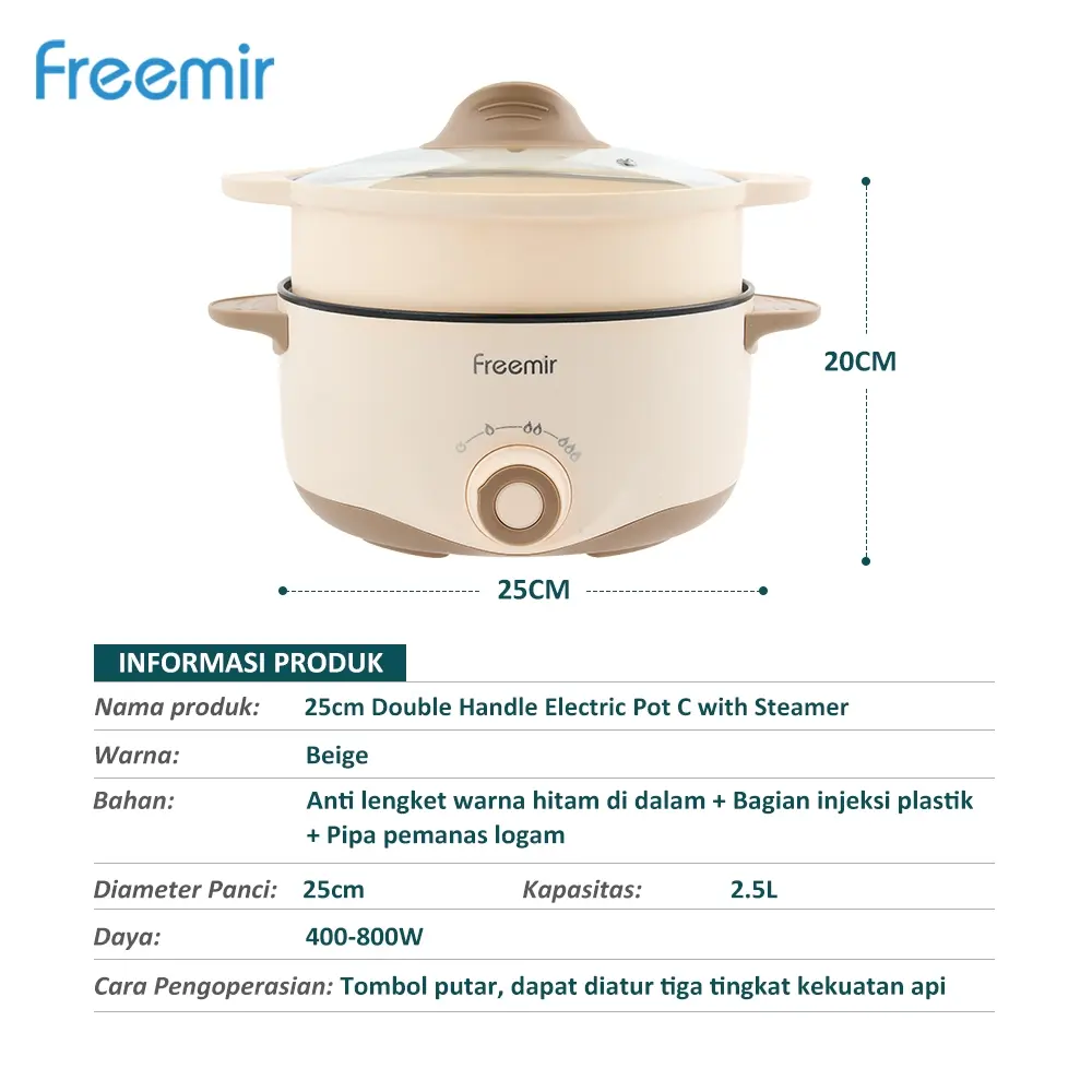 [Official Mall] Freemir Panci Elektrik 5 In 1 24 Cm Panci Masak Listrik Dengan Steamer Multifungsi