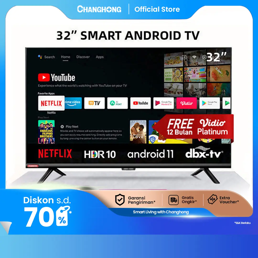 Changhong 32 Inch Newest Android 11 Frameless Smart TV Digital LED TV HD (L32G7N)-Garansi Resmi 3 Thn (L32G7N)
