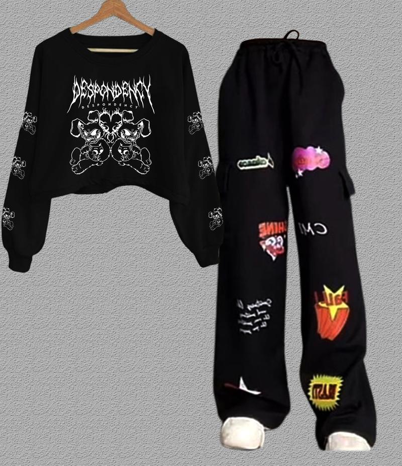 Product Introduction of ONE SET DESPONDENCY SWEATER CROP+ CARGO BLAST WANITA SET TERBARU Crop Top Lengan Tangan Panjang Motif Sablon Keren Stylish Modern Celana Setelan Cewek Bahan Flecee Linen Topi 17