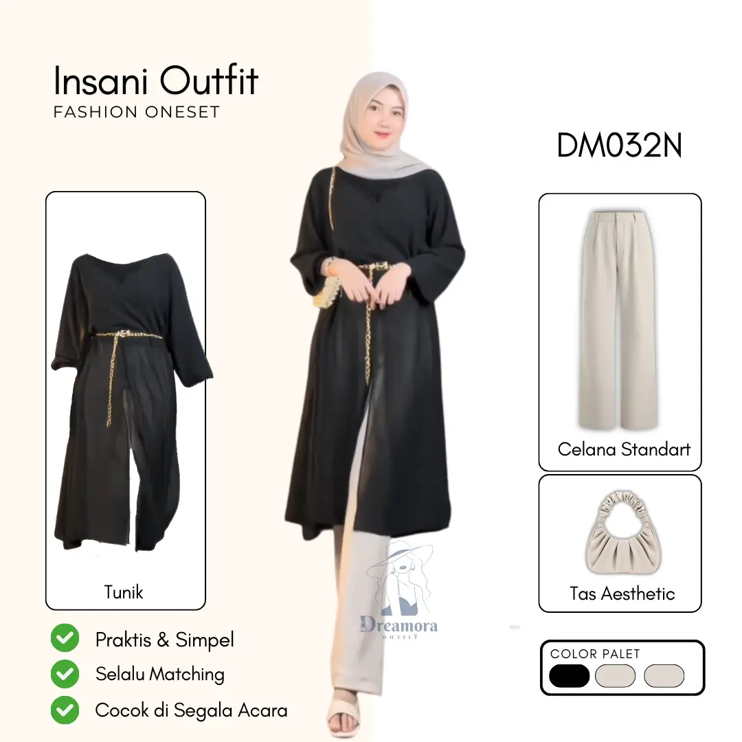 baju one set cewek ( tunik + celana standart + tas aesthetic lucu ) outfit lebaran 2025 hijab DM032N Hitam Muslim Panjang Setelan Wanita Karet Atasan Dewasa