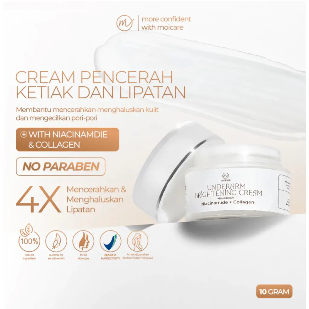 MOICARE Brightening Cream 10g - Pencerah Pemutih Ketiak Selangkangan Leher Area Gelap Ekstra Niacinamide & Collagen - Lightening, Tubuh