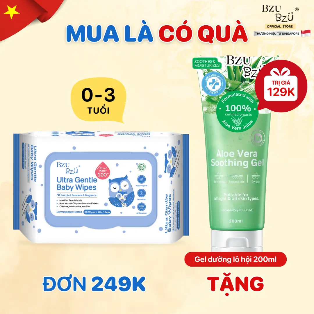 Khăn Ướt Em Bé BZU BZU Ultra Gentle Baby Wipes Giúp Làm Sạch Và Giữ Ẩm Dịu Nhẹ Không Mùi Gói 80 Tờ