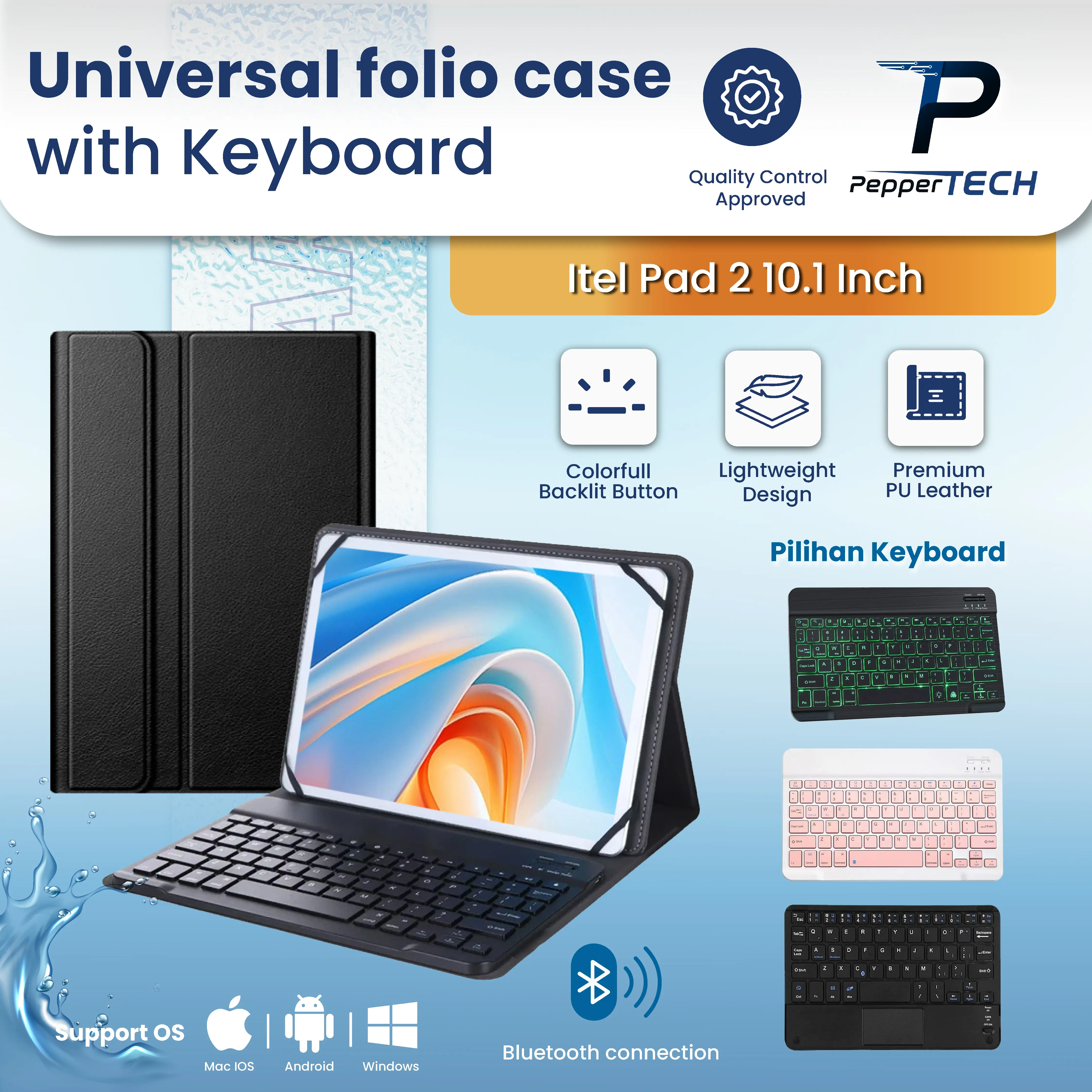 Case Universal With Keyboard untuk Itel Pad 2 10.1 Inch Premium Leather Case Wireless Bluetooth Keyboard Flipcase Flipcover Bookcover Universal - Tab aksesoris Hitam Laptop