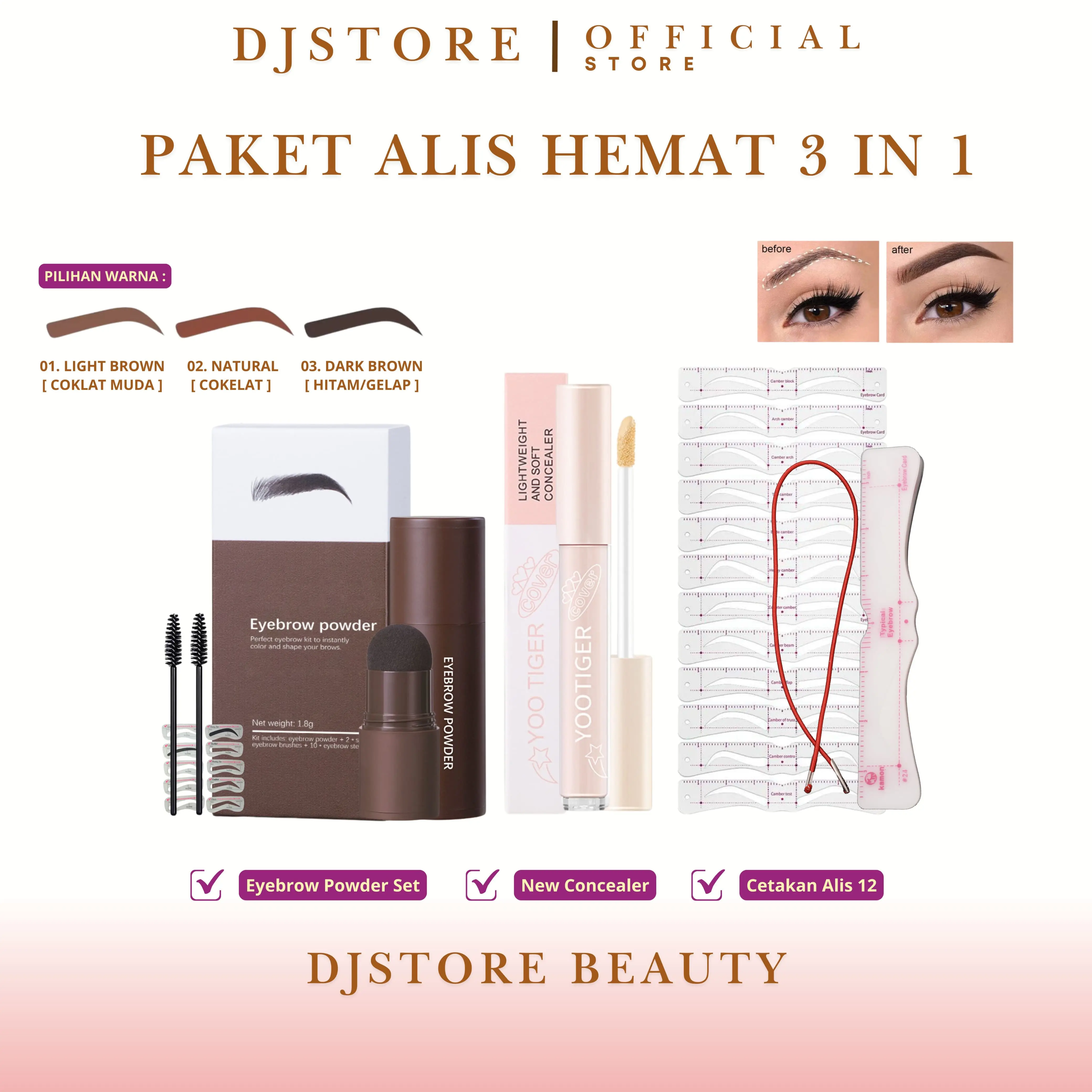 [ COD ] Paket Alis 3in1 Eyebrow Powder + Cetakan Alis Tali 12 + Concealer Tahan Lama