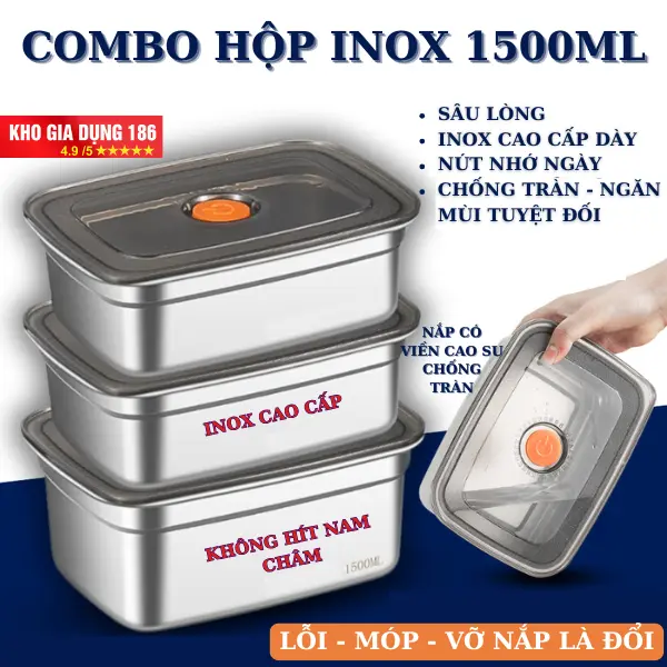 COMBO hộp khay inox 1500ml có nắp kín nước, hộp inox đựng đồ để tủ lạnh ngăn mùi kích thước 19cm x 8.5cm x 13.8cm