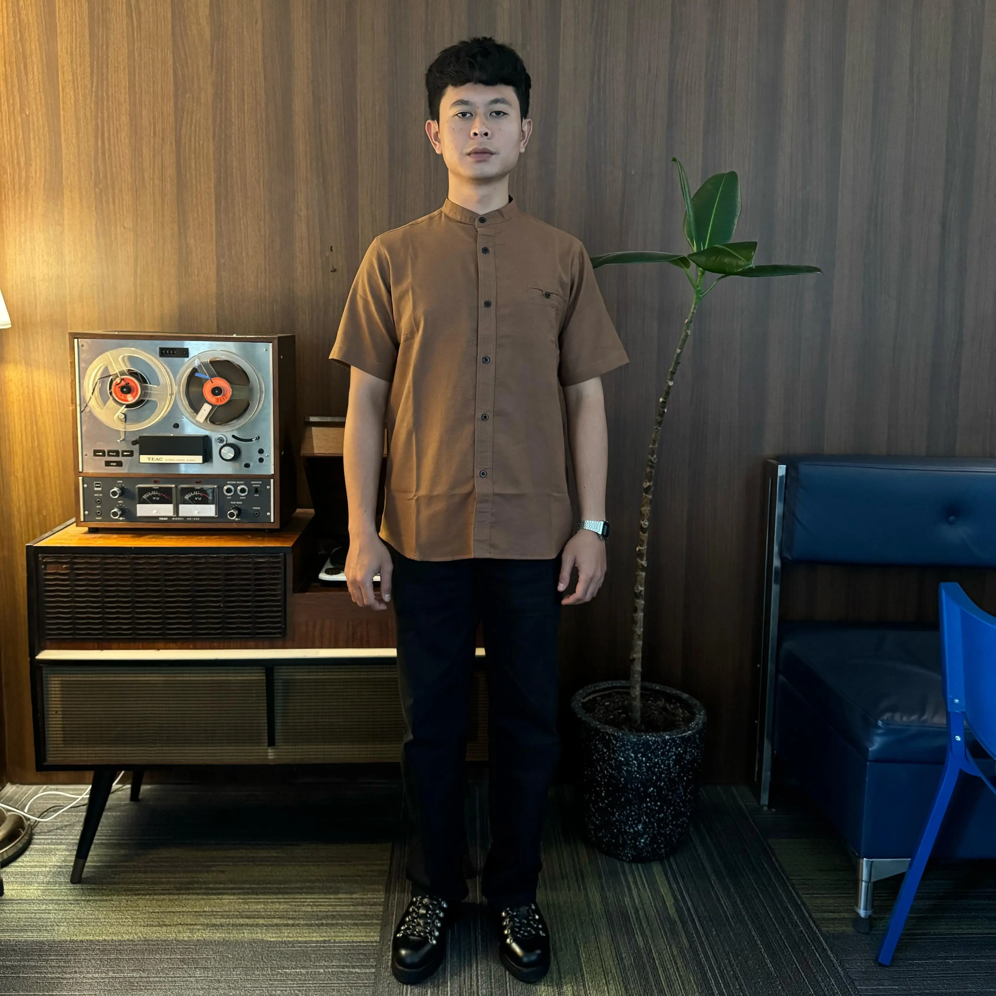 Ourluck - Kemeja Pria Lengan Pendek Kerah Shanghai Polos Full Kancing