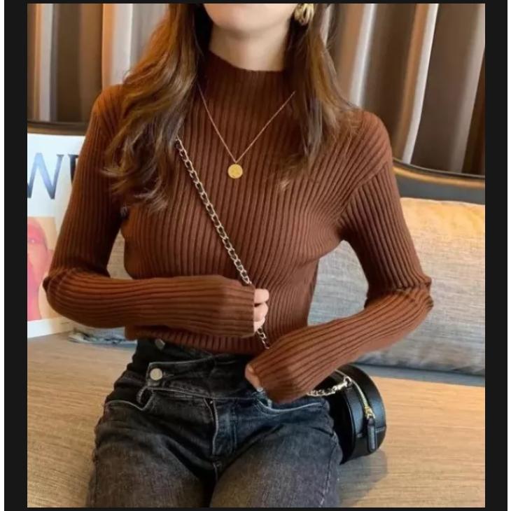 Inner turtleneck rajut atasan rajut wanita muslim Garis Panjang Santai Knitwear Hitam Outer Cardigan Top Baju Basic Crop zelda  crop inner  garis Kardigan Baju Daleman 1