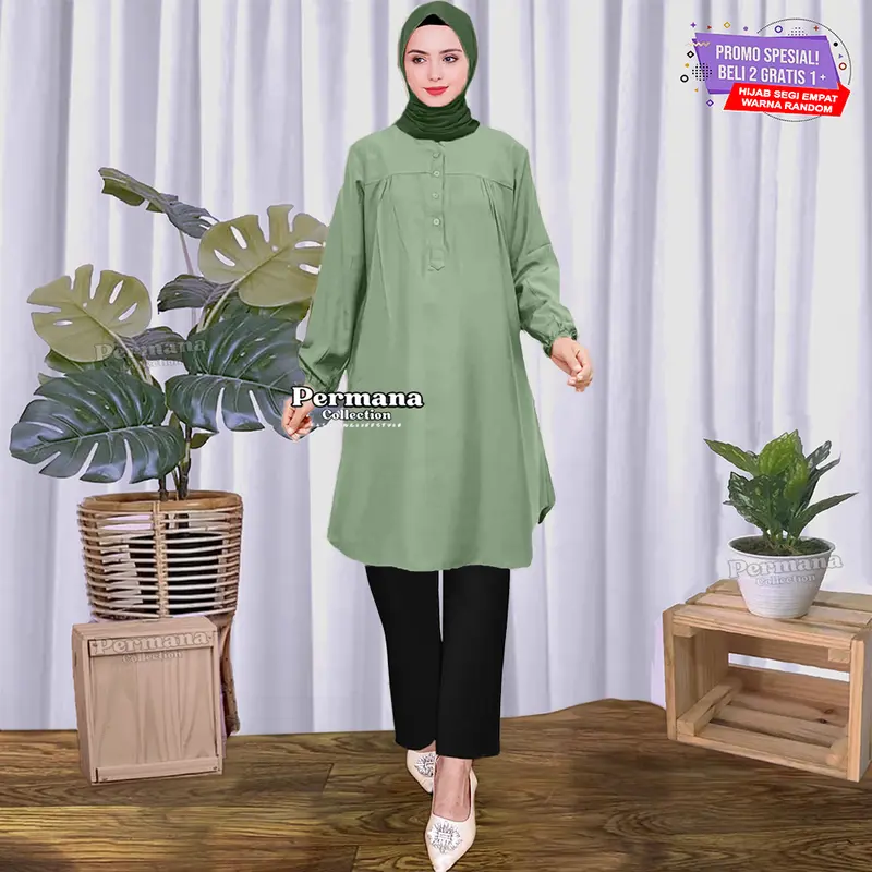 Baju Tunik Atasan Wanita Jumbo Size Lengan Panjang Dewasa Kantong Muslim Rayon Katun Nyaman Remaja Oversize kemeja Kancing 4