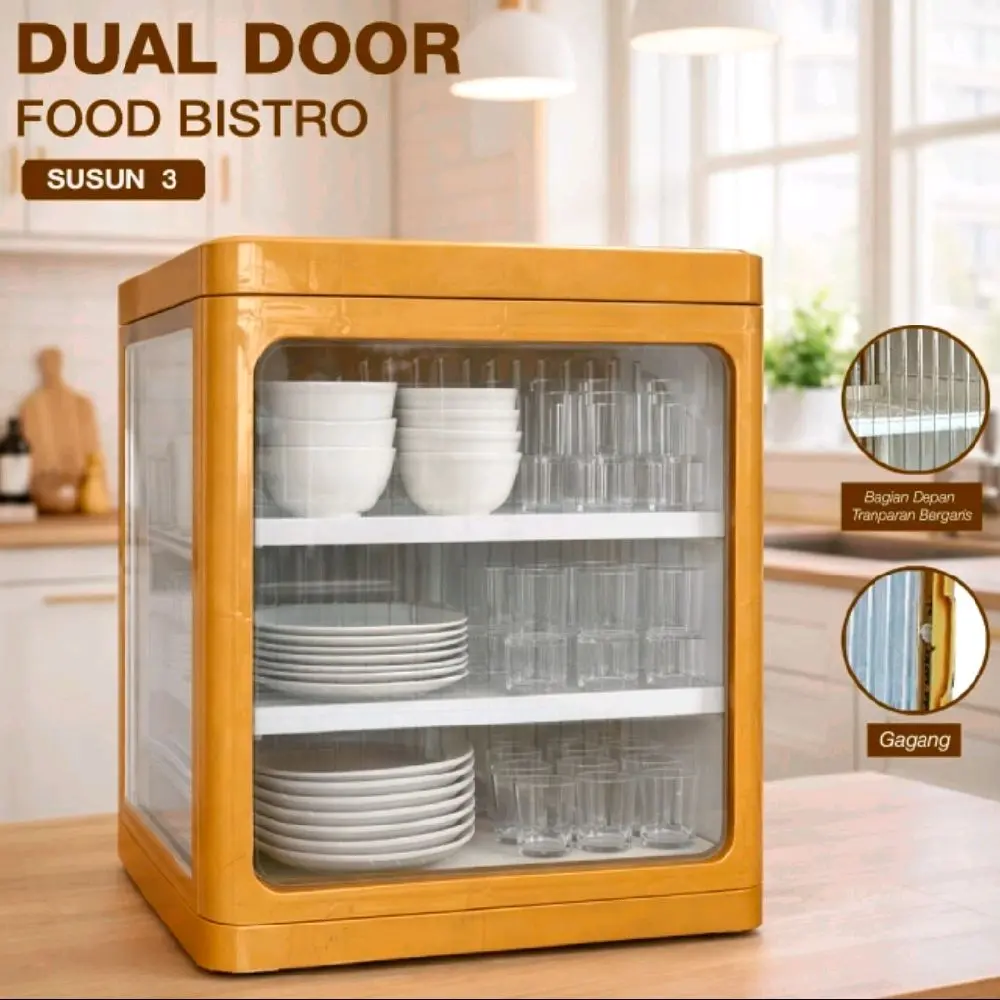 Dual Door Food Bistro Susun 3 dengan Bagian Depan Transparan dan Gagang