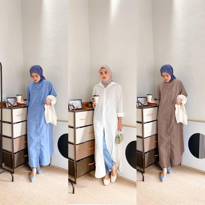 Shirt Dress Muslimah/Dress Kemeja Panjang/maxi Dress Polos kasual - denim blue, One Size 1