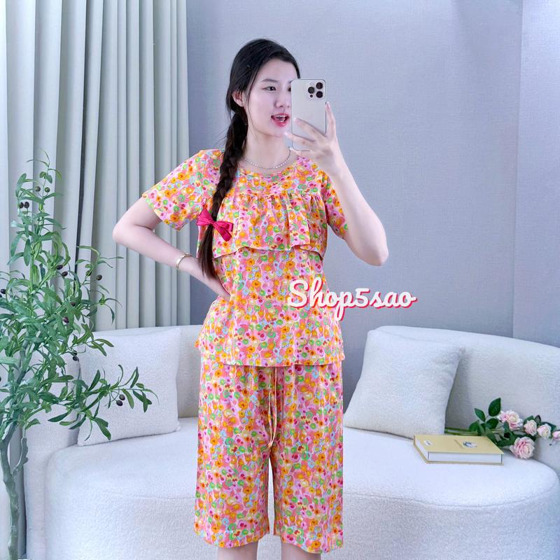  Đồ bộ tole bộ lanh mặc nhà quần lửng áo tay ngắn có bèo ngực SHOP5SAO  43-75kg  