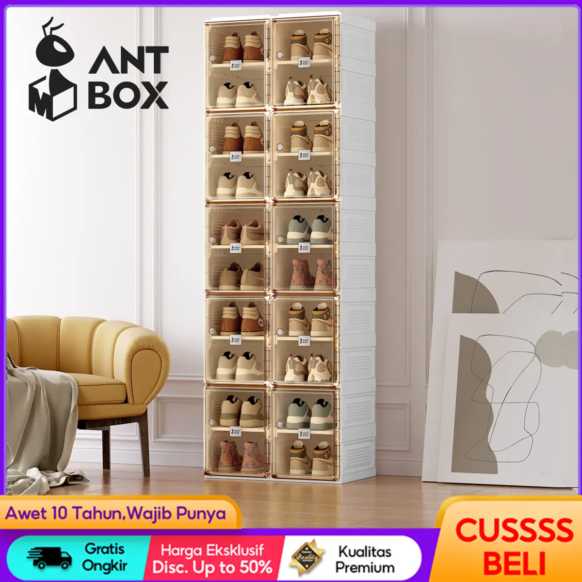 ANTBOX Rak Sepatu 2 Tingkat Transparan -Kotak Sepatu Lipat Minimalis dari Akrilik untuk Penyimpanan Serbaguna tertutup Lemari Sepatu Plastik Anti Debu dan Mudah Bongkar Pasang Kapasitas Besar 10 Susun untuk Rumah dan Kantor kotak penyimpanan serbaguna box