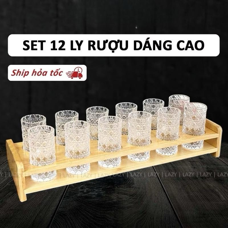  Combo 12 Ly Uống Rượu Thuỷ Tinh Trong Suốt 20ml Hoạ Tiết Vân Kim Cương Sang Trọng 