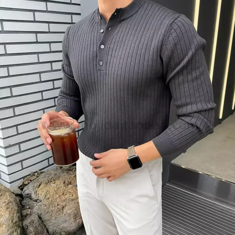 Áo Len Dệt Kim Sọc Co Giãn, Phong Cách Cổ Điển Cho Nam, Cổ Henry, Phong Cách Công Sở, Dài Tay, Có Màu Trắng, Đen, Xám Và Nâu, Cỡ M-3XL, EDEN HULBER, Hàng Mới Về 3