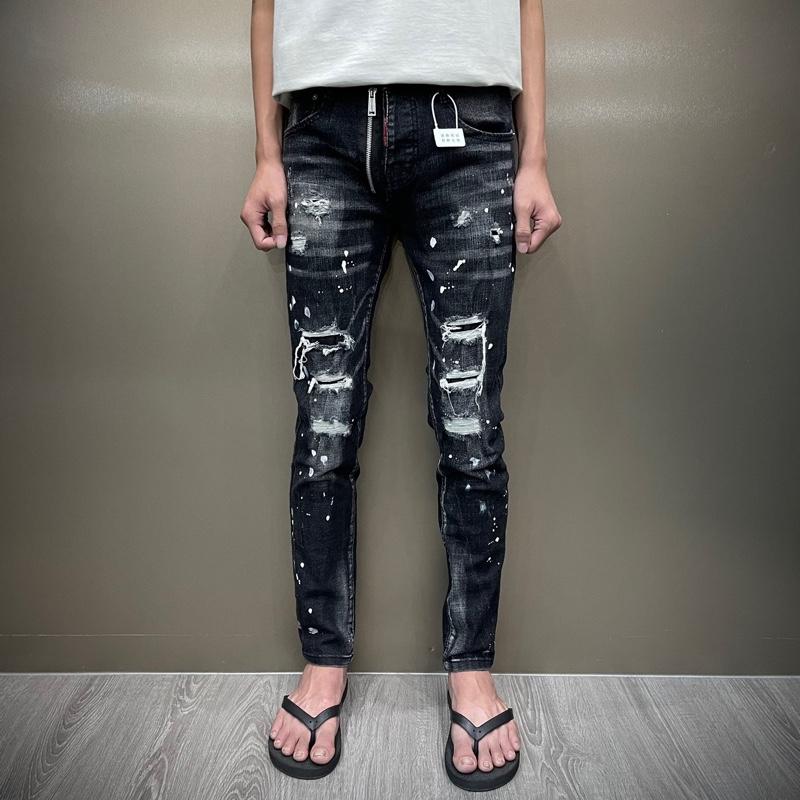 Quần jean nam đen rách xù lót trong 8 miếng vảy sơn nhiều mix thêu khoá lộ mã 671