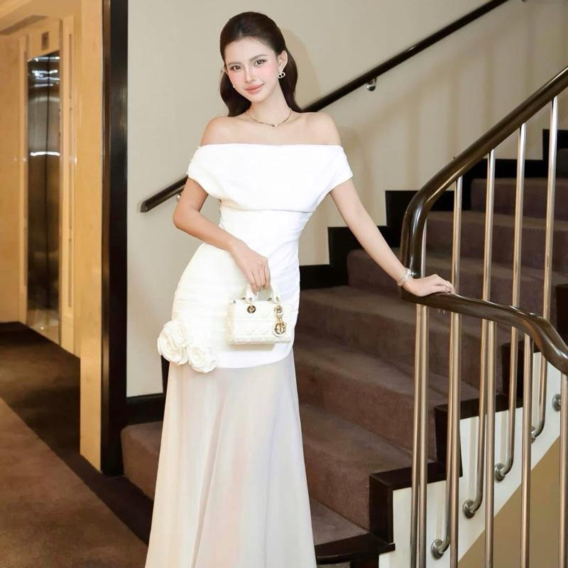  Đầm trễ vai xếp ly hoa hồng tùng váy đuôi cá Mixiz House 