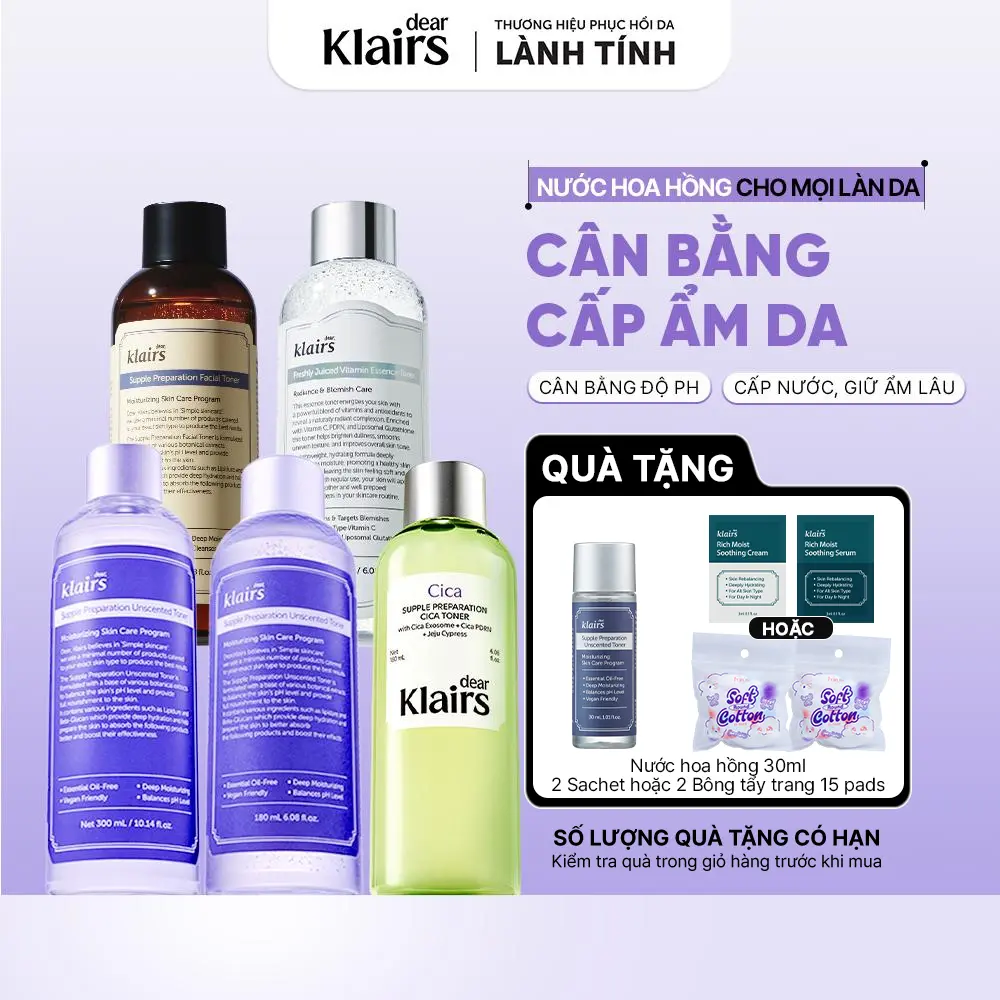 Nước hoa hồng Dear, Klairs Supple Preparation Unscented Toner Cấp Ẩm Dưỡng Sáng Da Lành Tính Mọi Loại Da [FS]
