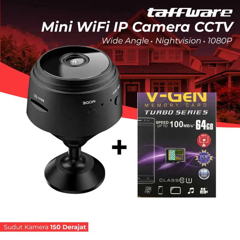 Taffware Mini WiFi IP Camera CCTV Wide Angle Nightvision 1080P - A9NV - Black 0
