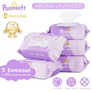Poomsoft 5 Pack x 100 Lembar Tisu Basah Bayi Lembut Aroma Lavender Bebas Alkohol (Disposable) Disertifikasi oleh Departemen Kesehatan