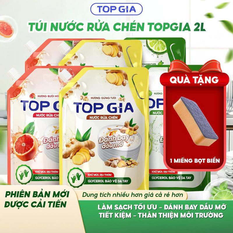 DUNG TÍCH KHỦNG-6 LÍT TIẾT KIỆM HƠN Combo Nước Rửa Bát TOPGIA – 3 Túi 2Lít Hương Thơm Tự Nhiên Chanh -Bưởi-Gừng – Siêu Tiết Kiệm Dùng 1 Năm Dầu rửa bát chén dụng cụ nhà bếp RC