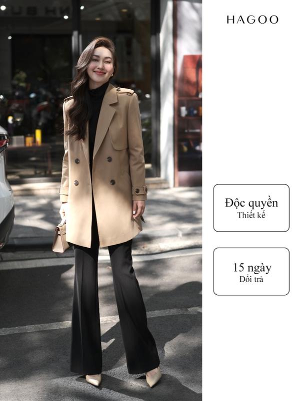 HAGOO Áo khoác nữ mangto dáng lửng màu nâu be có kèm đai thanh lịch Nhung Jacket Nữ Women Top Kem