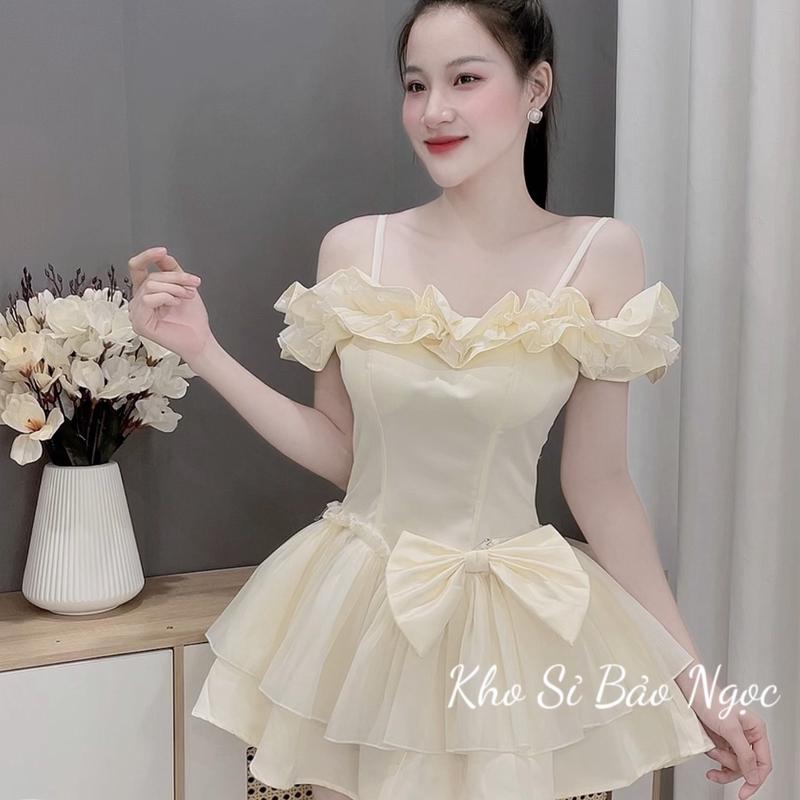   V800 Kèm Nơ - Kèm Quần Rời  Váy Trễ Vai Bèo Tay Bồng Xoè Kho Sỉ Nguyễn Bảo Ngọc 