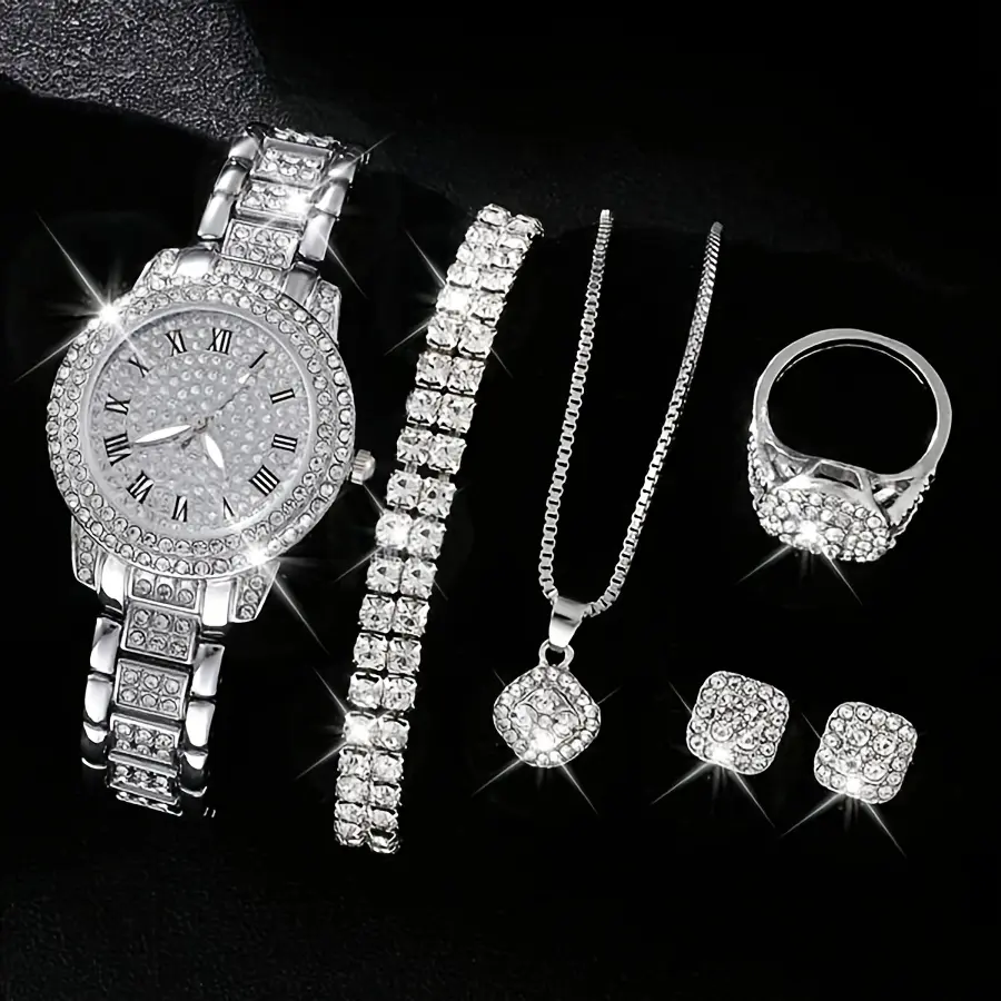 Women's Quartz Wrist Watch with Embellishment, Shock-resistant Analog Display, Stainless Steel Band, quartz Movement, and Matching jewelry Set (7 Pieces)