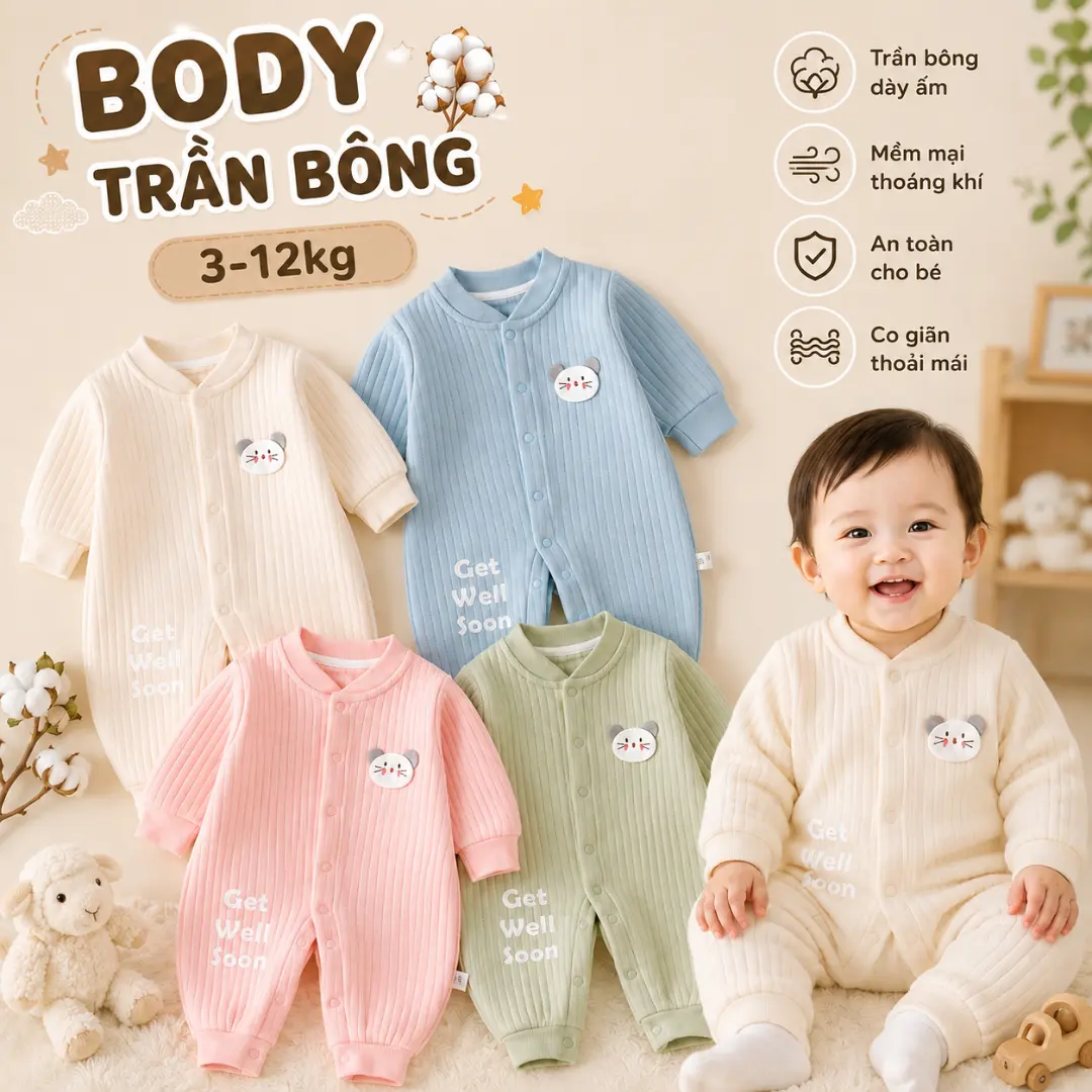 Bộ áo liền quần dài tay dành cho trẻ em 0-2 tuổi ( Chiều cao dưới 86 cm), chất liệu vải trần bông BD34