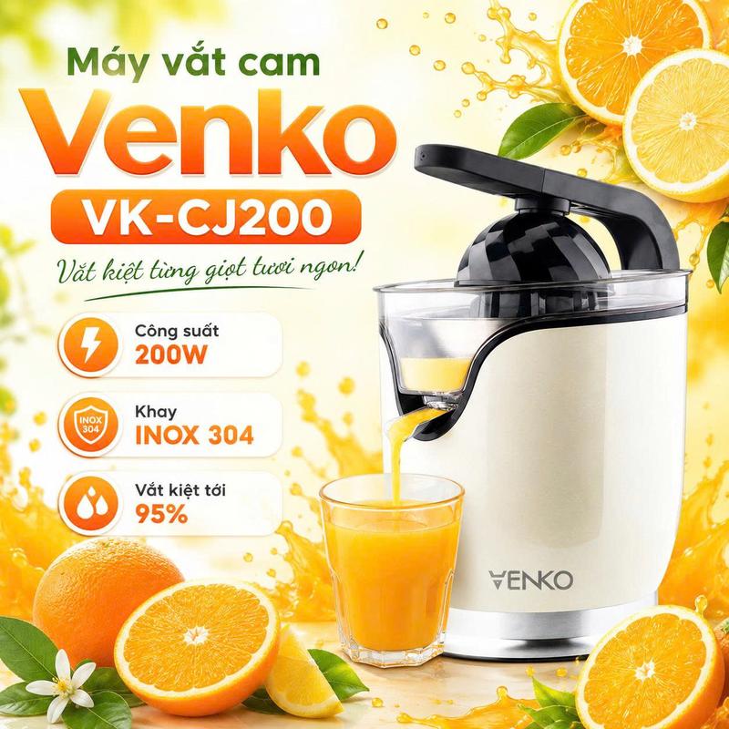 Máy Vắt Cam Venko VK-CJ200 - Công Suất 200W - Có Cần Đòn Bẩy Trợ lực - Ép Kiệt Bã, Lưới Lọc Inox 304 Cao Cấp