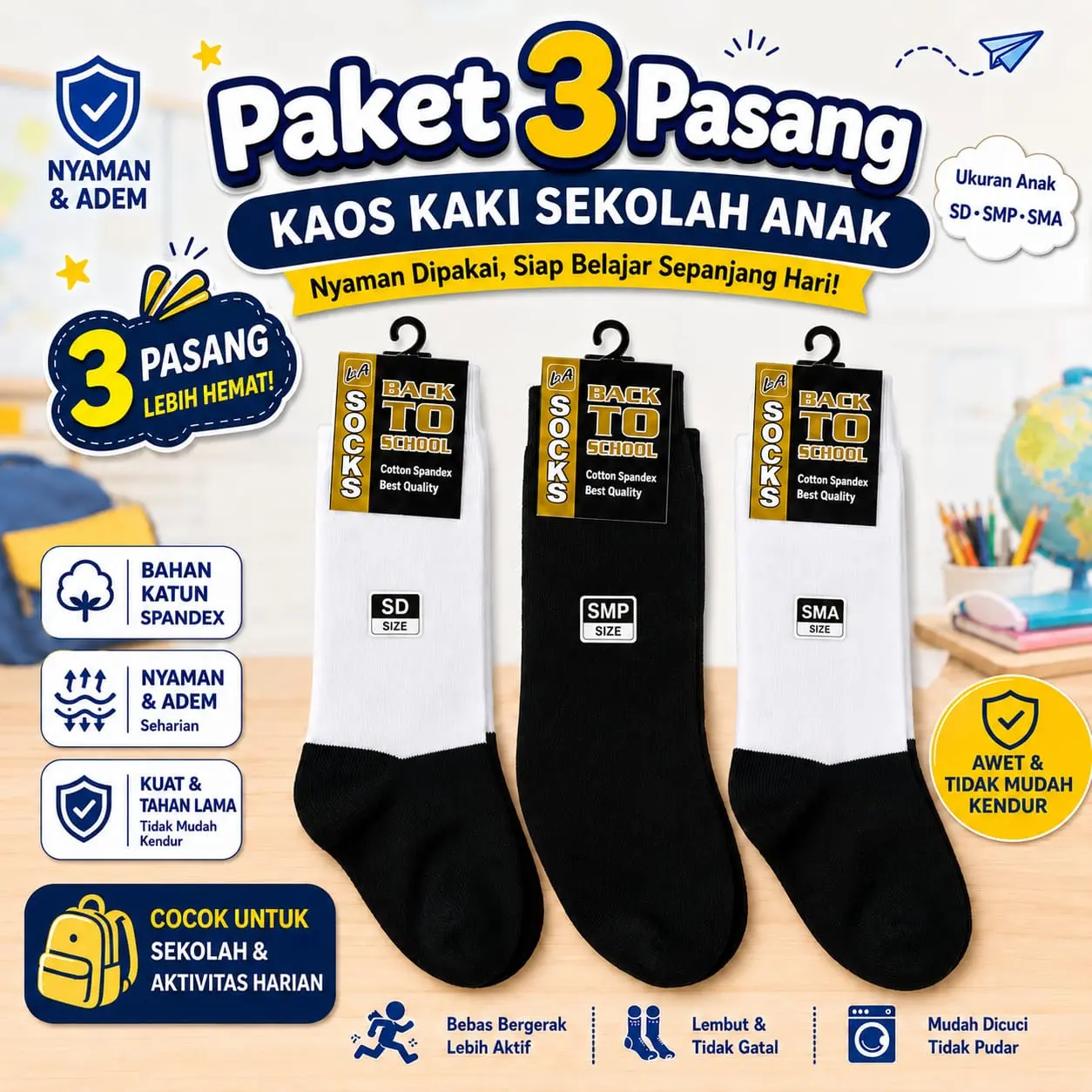 Paket 3 Pasang Kaos Kaki Sekolah Anak SD SMP SMA Katun Adem Nyaman Hitam Putih