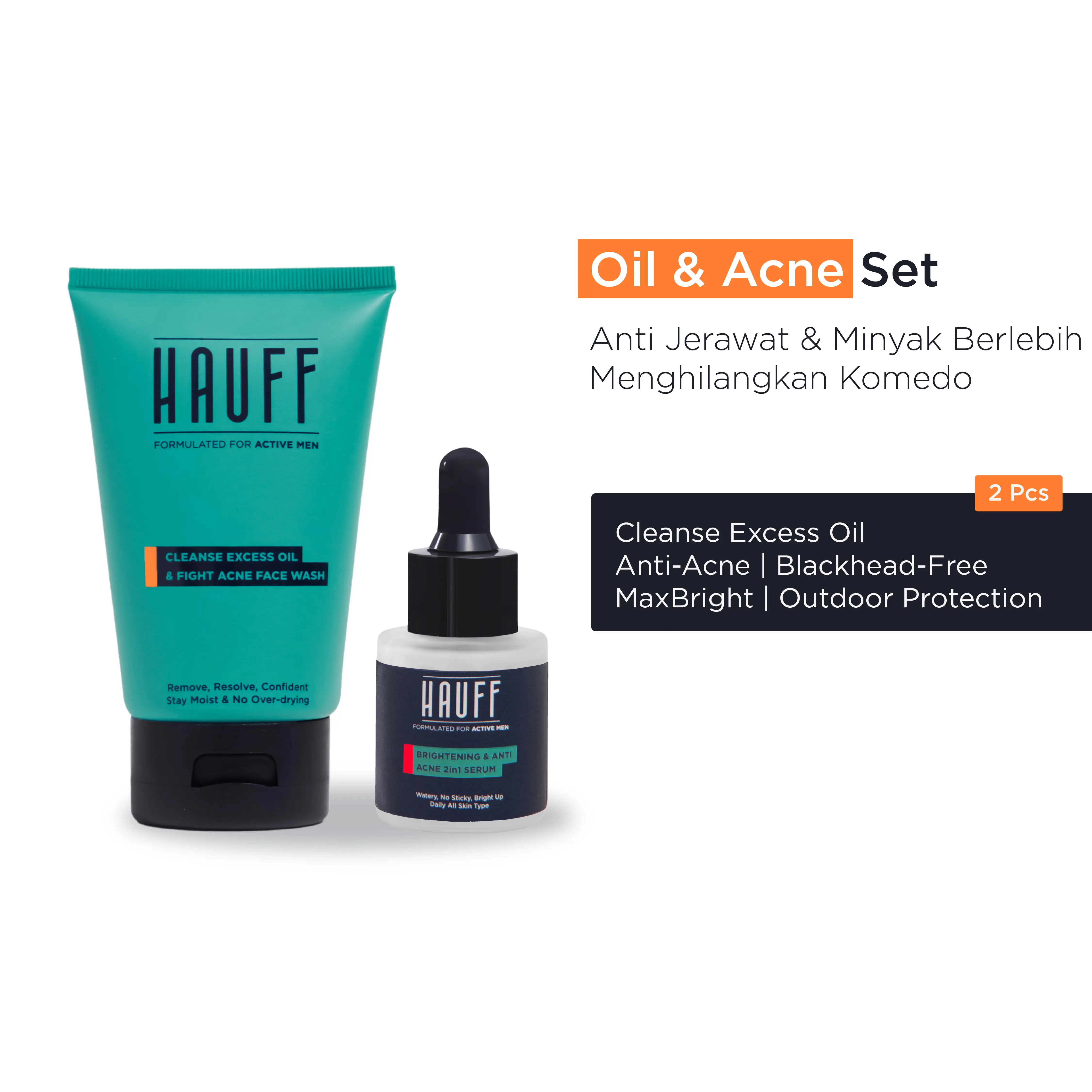 HAUFF OIL & ACNE SET | Paket Skincare Pria | Anti Jerawat | Mengangkat Kotoran & Minyak Berlebih | Menghilangkan Komedo | Mencerahkan Wajah Kusam | Charcoal, Niacinamide, Alpha Arbutin, Salicylic Acid, 4 Types of Hyaluronic Acid, 10-Fruit Extract Complex