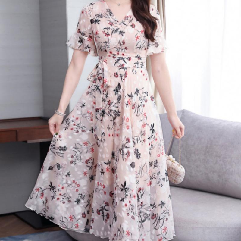 Chân Váy Dài Trung Bình Thiết Kế Hoa, Phong Cách Mới Mùa Hè Cho Nữ, Với Tay Áo Loe, Váy Siêu Thanh Lịch, Ngoại Cỡ, Chân Váy Thắt Lưng Dài, Thời Trang Women Dress Voan Khuy 6