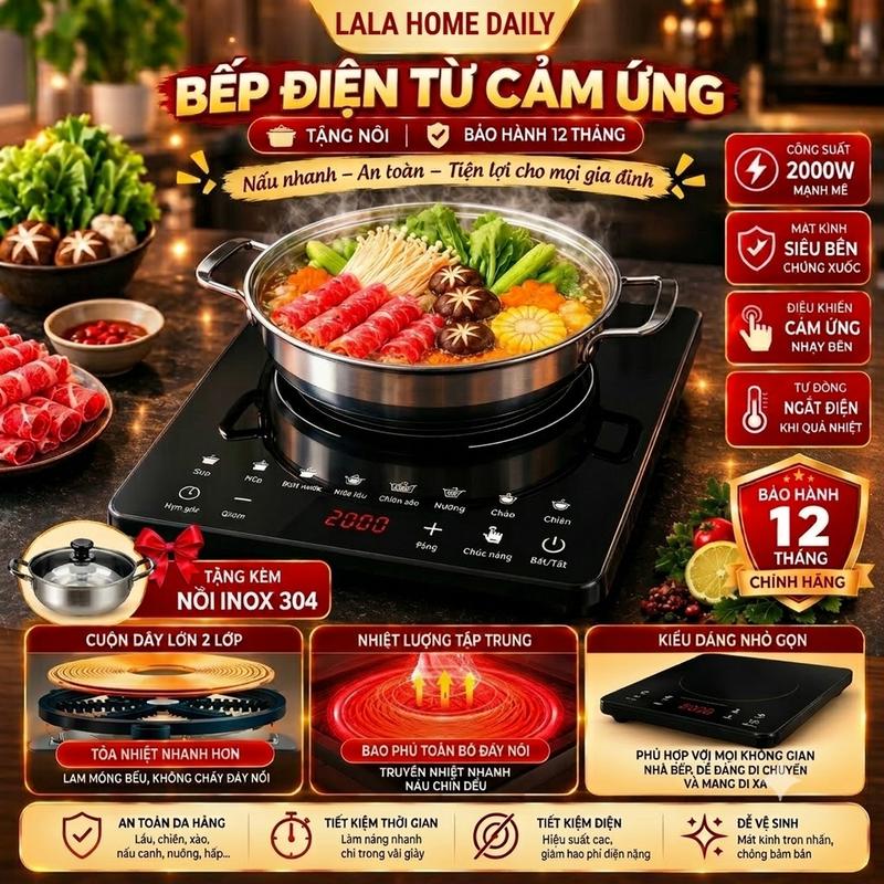 Bếp Từ SUNHOUSSE Cảm Ứng Kèm Nồi Lấu Size 30, Công Suất 2200W, Làm Nóng Nhanh, Nấu Ăn Tiêm Lợi Phù Hớp Mọi Gia Đình, Bảo Hành 1