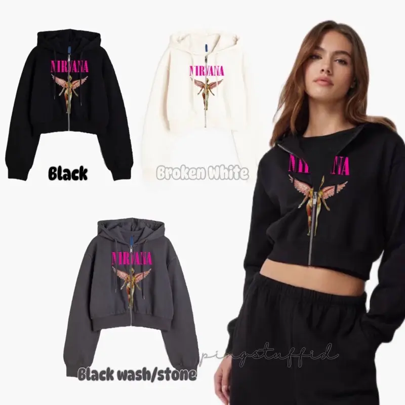 ZIP CROP NIRVANA ANGEL PINK JAKET CROP WANITA